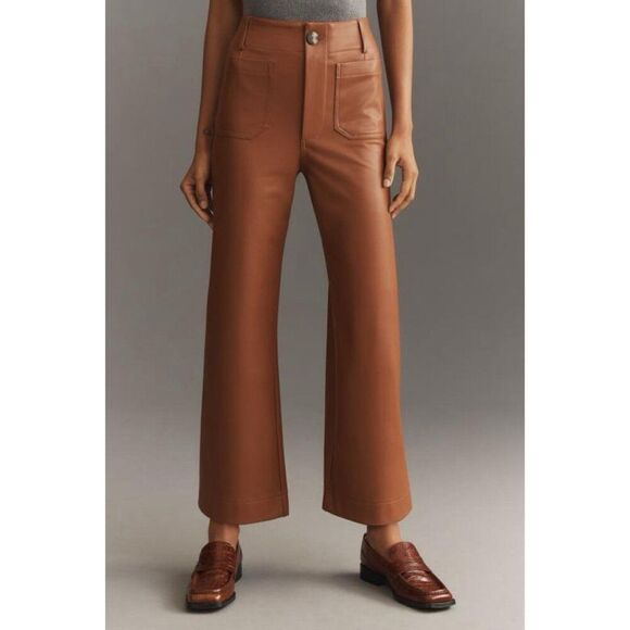 Anthropologie Maeve Colette Cropped Wide Leg Pants Faux Leather Copper Camel 33